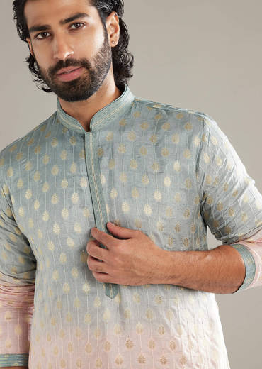 Pink And Green Ombre Silk Kurta Set For Men With Foil Motifs