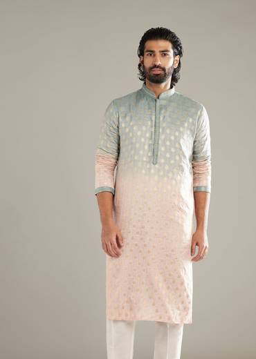 Pink And Green Ombre Silk Kurta Set For Men With Foil Motifs