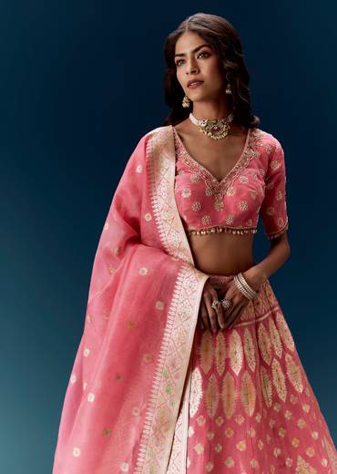 Pink Banarasi Embroidered Bridal Lehenga With Dupatta