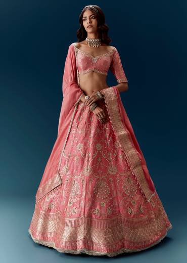Banarasi Embroidered Bridal Lehenga in Pink With Dupatta