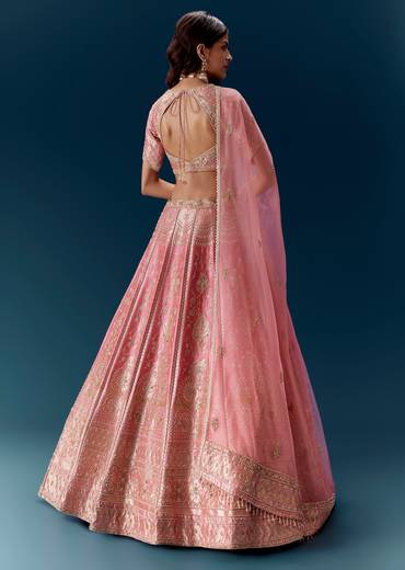Pink Bridal Lehenga in Banarasi Silk With Dupatta