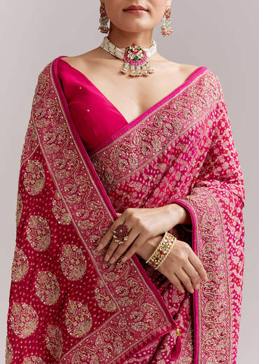 Rani Pink Banarasi Georgette Saree With Heavy Embroidery