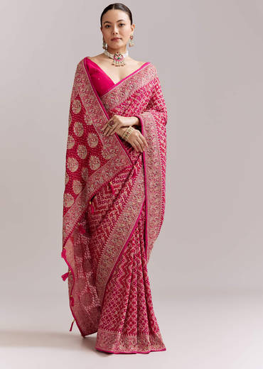 Rani Pink Banarasi Georgette Saree With Heavy Embroidery
