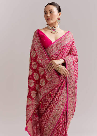 Rani Pink Banarasi Georgette Saree With Heavy Embroidery