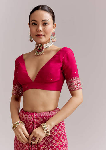 Rani Pink Banarasi Georgette Saree With Heavy Embroidery