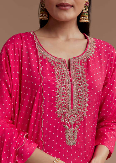 Pink Bandhani Printed Silk Kurta Set with Zari Work