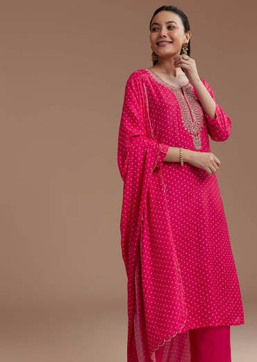 Pink Bandhani Printed Silk Kurta Set with Zari Work