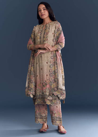 Pink Beige Ombre Crepe Kurta Set With Floral Print
