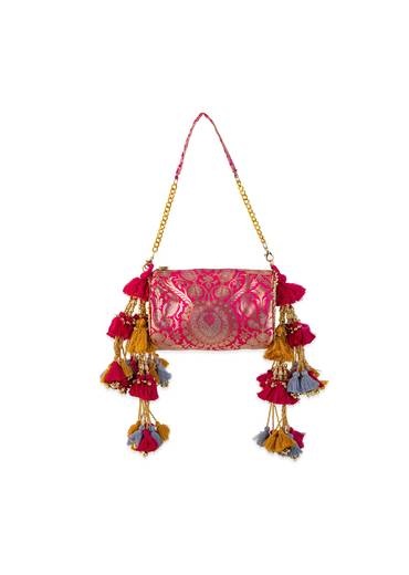Pink Brocade Kundan Bag with Tassel