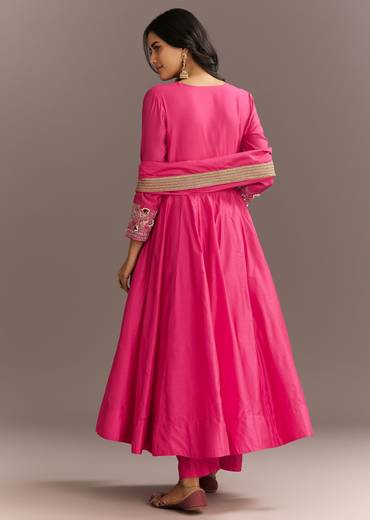Pink Chanderi Anarkali With Gotta Moti Neckline And Lace Dupatta