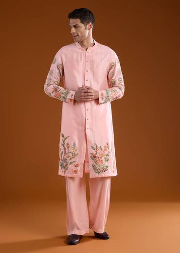 Pink Chanderi Embroidered Mens Kurta Pant Set