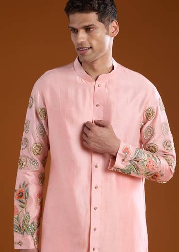 Pink Chanderi Embroidered Mens Kurta Pant Set
