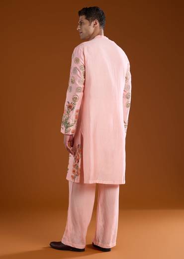 Pink Chanderi Embroidered Mens Kurta Pant Set
