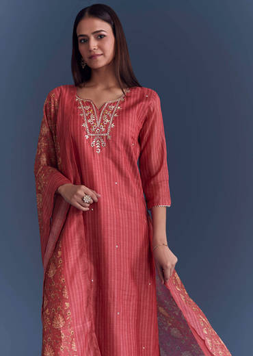Pink Chanderi Kurta Set With Stripe Print And Gota Work