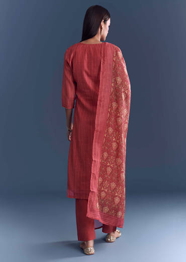 Pink Chanderi Kurta Set With Stripe Print And Gota Work