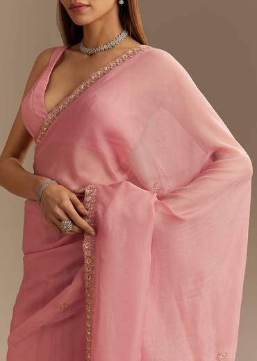 Pink Chinnon Saree With Cutdana Sequins Embroidery And Scallop Border