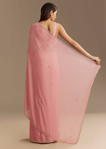 Pink Chinnon Saree With Cutdana Sequins Embroidery And Scallop Border