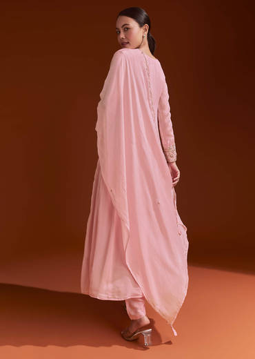 Pink Chinon Anarkali Suit With Beads And Stone Work
