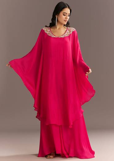 Pink Chinon Cape Style Kurta Palazzo With Zardosi Neckline