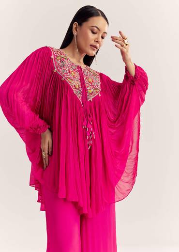 Pink Chinon Kaftan Kurta Set With Zardosi And Thread Work