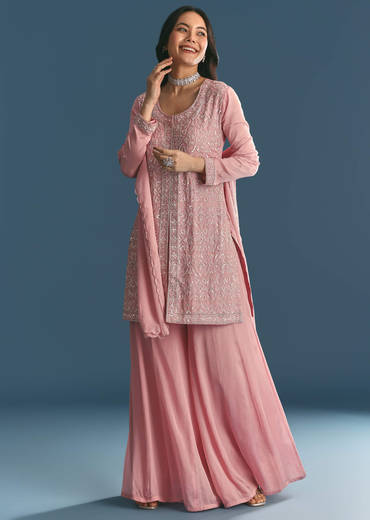 Pink Chinon Kurta Palazzo Suit With Cutdana And Sequins
