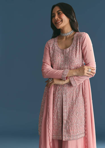 Pink Chinon Kurta Palazzo Suit With Cutdana And Sequins