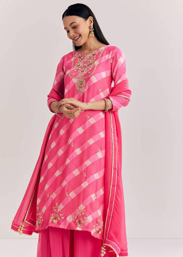 Pink Chinon Palazzo Suit With Zardosi And Thread Work