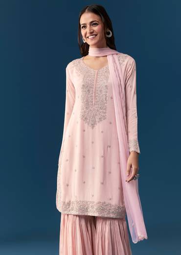 Pink Chinon Sharara Set With Embroidery Work