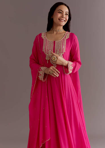 Pink Chinon Thread Sequin Embroidered Anarkali Dupatta Suit