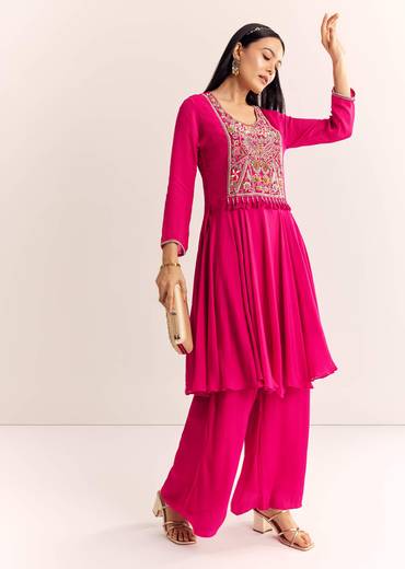 Pink Chinon Zardosi Work Kurta Palazzo Suit