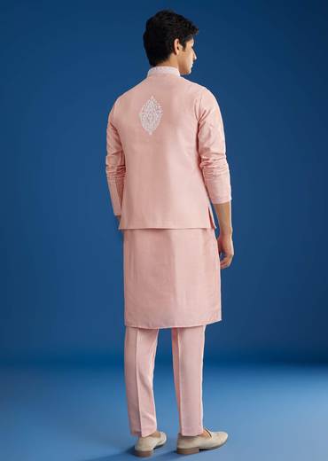 Pink Cotton Silk Jacket Kurta Set With Threadwork