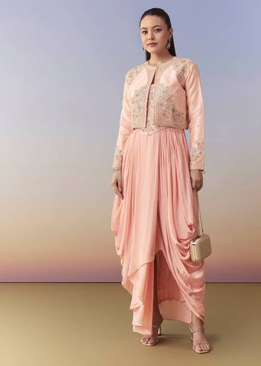 Pink Cowl Draped Gown and Jacket Set