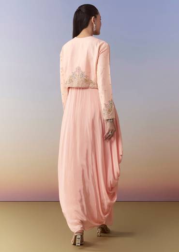 Pink Cowl Draped Gown and Jacket Set