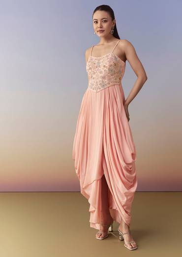 Pink Cowl Draped Gown and Jacket Set