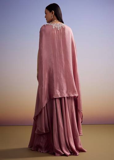 Pink Crepe Crop Top And Cape Set With Embroidery