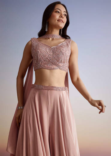 Pink Crepe Cutdana Sequin Embroidered Croptop Palazzo Suit With Dupatta