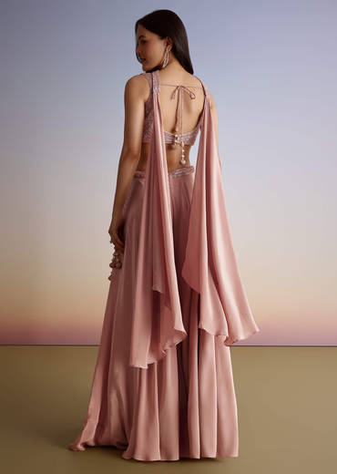 Pink Crepe Cutdana Sequin Embroidered Croptop Palazzo Suit With Dupatta