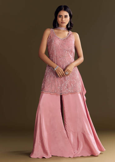 Pink Crepe Embroidered Kurta Palazzo Suit Set With Net Choker Dupatta