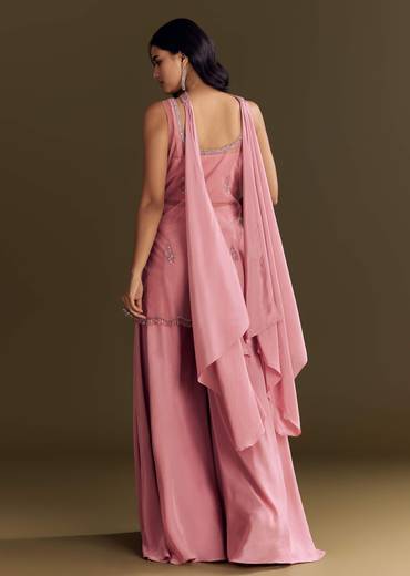 Pink Crepe Embroidered Kurta Palazzo Suit Set With Net Choker Dupatta