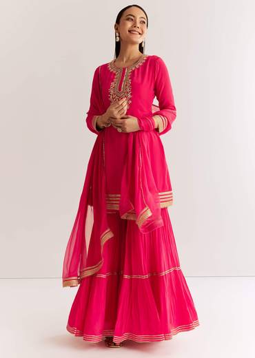 Pink Crepe Kurta Set With Zardosi And Sequins Dupatta