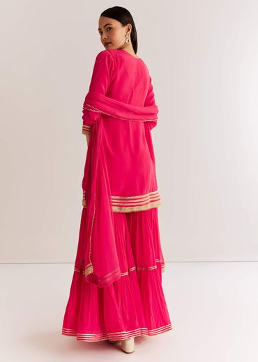 Pink Crepe Kurta Set With Zardosi And Sequins Dupatta