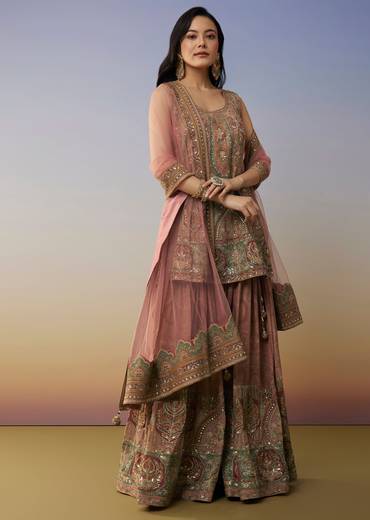 Pink Crepe Palazzo Suits with Gotta Lace Work