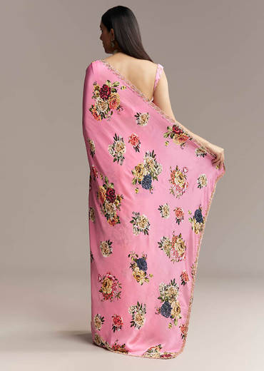 Pink Crepe Saree With Floral Digital Print And Sequin Border