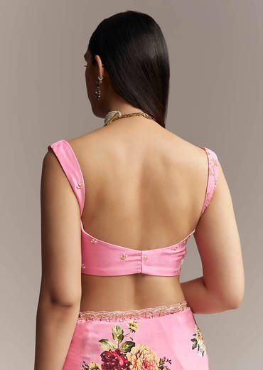 Pink Crepe Saree With Floral Digital Print And Sequin Border