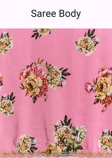Pink Crepe Saree With Floral Digital Print And Sequin Border