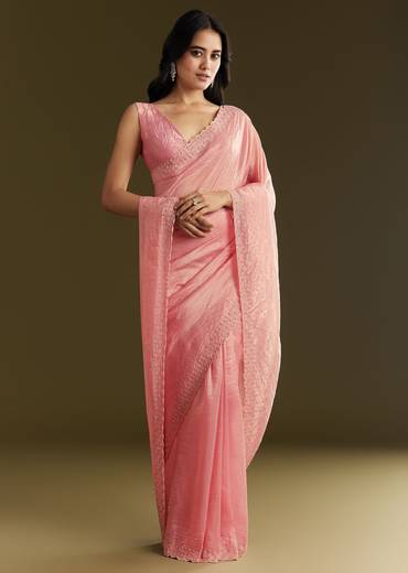 Pink Crepe Tissue Saree With Moti Beads And Cutdana Embroidery