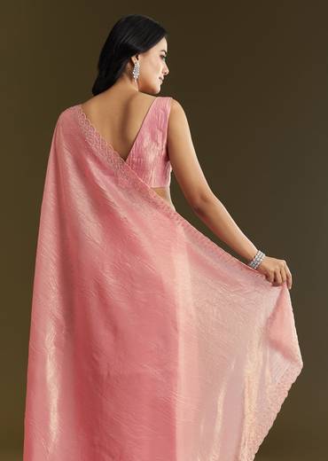 Pink Crepe Tissue Saree With Moti Beads And Cutdana Embroidery