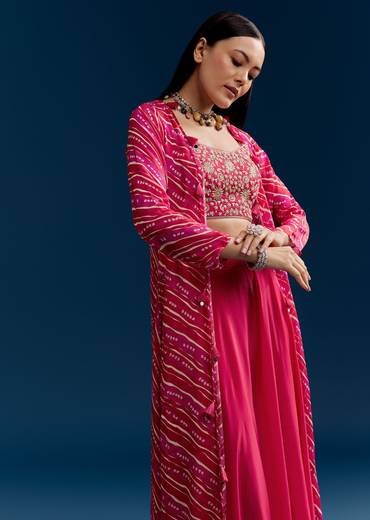 Pink Crop Top Palazzo Set With Zardosi Jacket