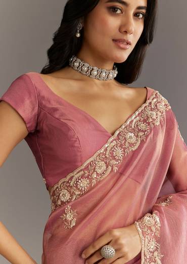 Pink Crushed Tissue Floral Embroidered Saree With Cutdana And Sequins
