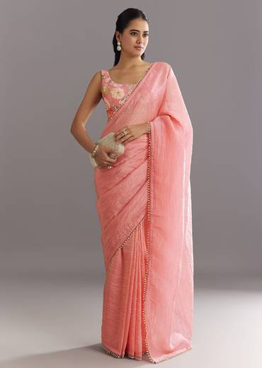 Pink Crushed Tissue Saree With Cutdana And Moti Embellished Border